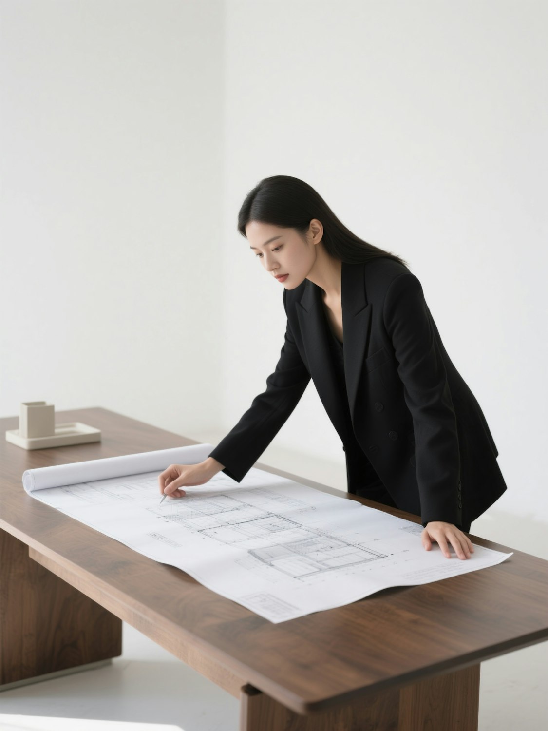 Architect reviewing project blueprints at a workspace