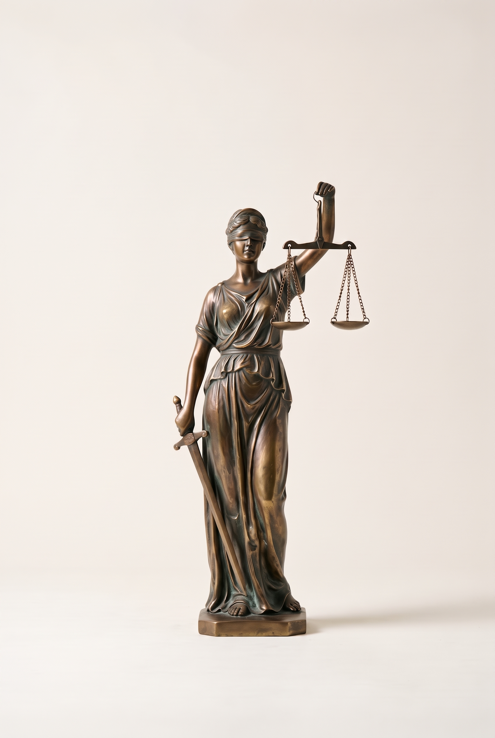 Bronze statue of Lady Justice holding balanced scales and a lowered sword