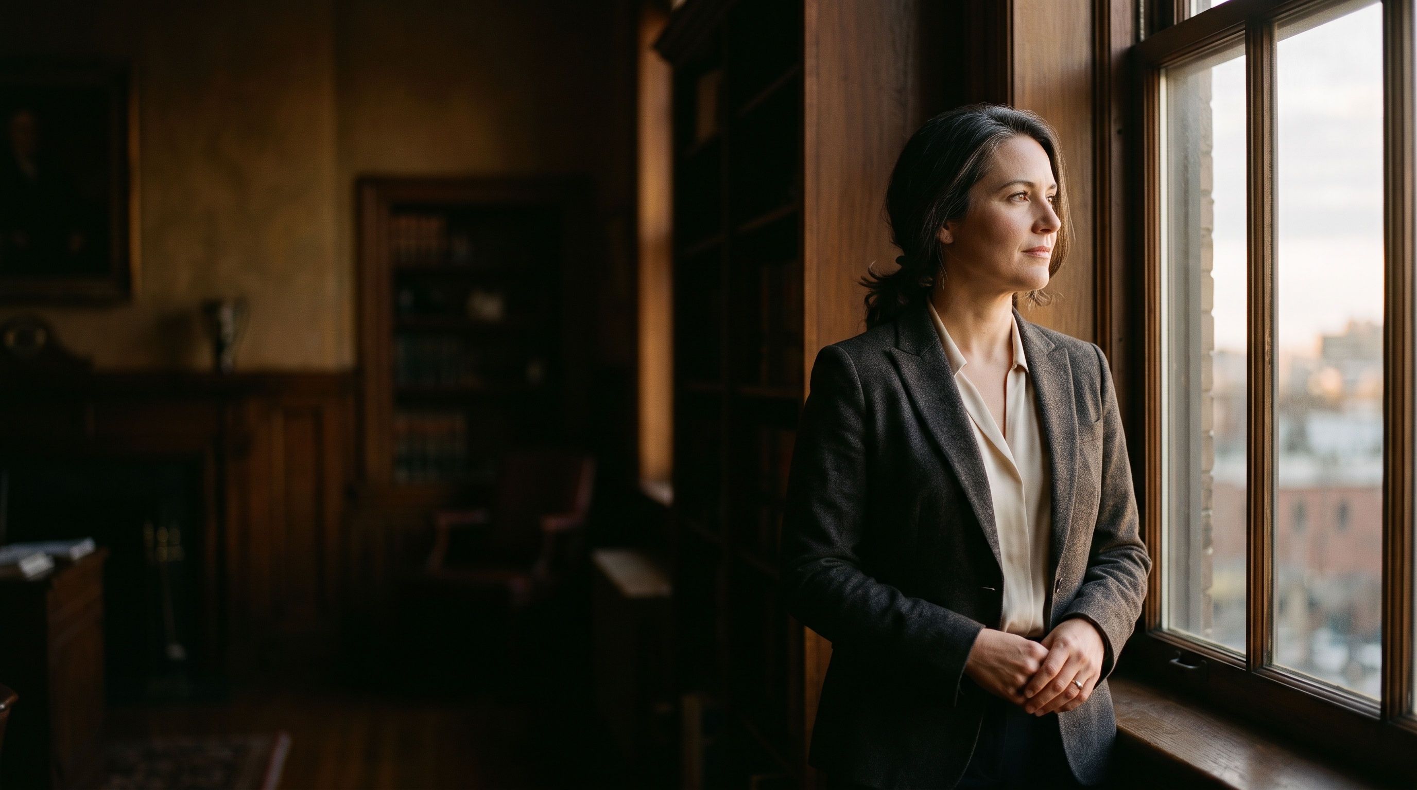 Family law attorney standing at a window in a quiet, wood-panelled office